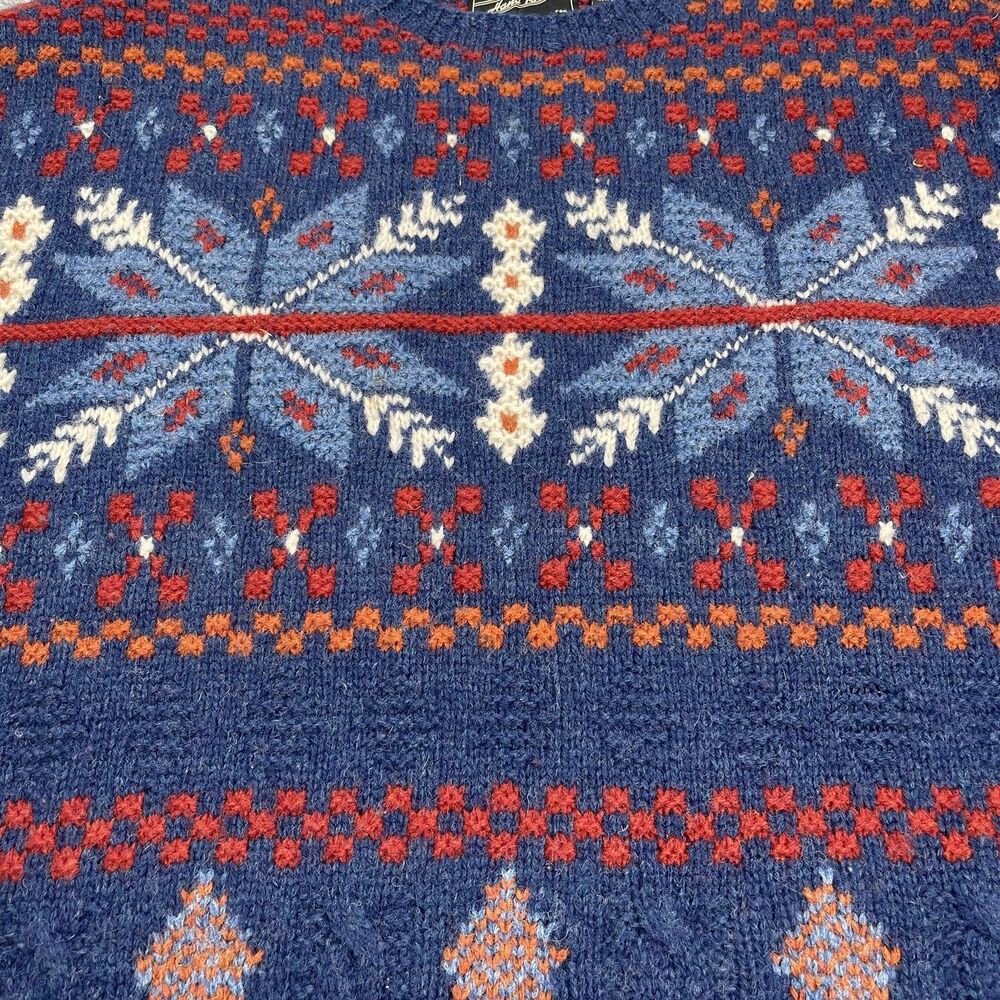 American Eagle Hand Knit 100% Shetland Wool Sweater Mens XL Fair Isle Snowflake - Picture 4 of 9